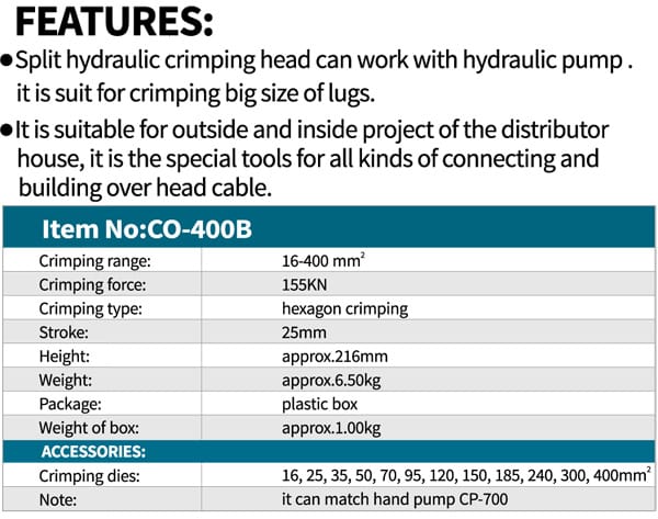 CO-400B 16-400 mm² HİDROLİK PABUÇ SIKMA BAŞLIĞI - Görsel 3